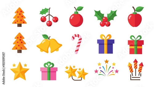 Festive Emblems: A vibrant collection of Christmas-themed icons, including a decorated Christmas tree, star, gift and more. A visual ensemble to decorate Christmas.