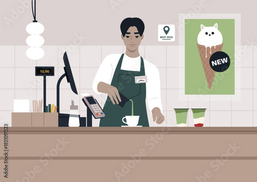Photography A skilled bartender prepares a fresh matcha drink in a stylish shop, Customers e