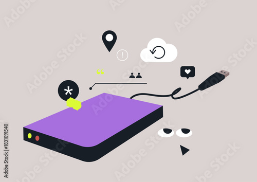 Vibrant hard drive icons illustrate the essence of technology and data management, highlighting various functions and connections in a minimalist style