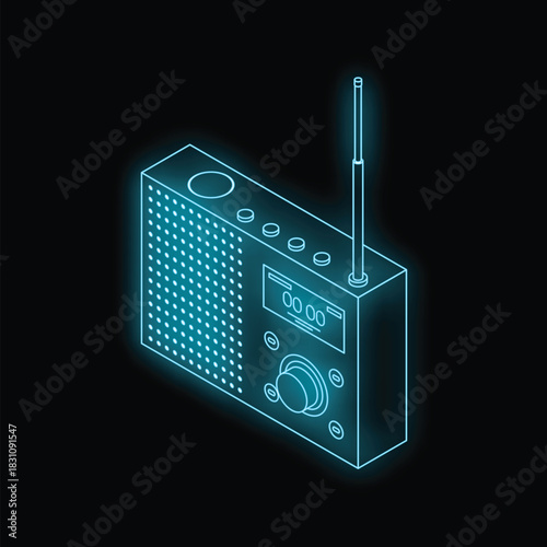 Isometric view of a glowing neon blue radio on a black background, representing broadcasting and music