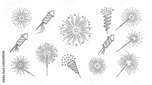 Fireworks Display: A dazzling array of hand-drawn fireworks, rockets, and festive pyrotechnics create a visual symphony of celebration, perfect for adding a touch of joy and excitement.