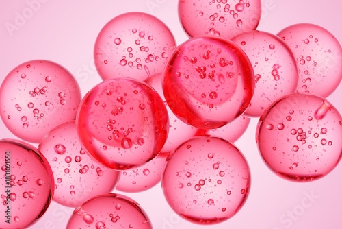 Vibrant pink gel spheres with visible air bubbles in macro detail, ideal for skincare advertising, cosmetic science visuals, and modern abstract backgrounds