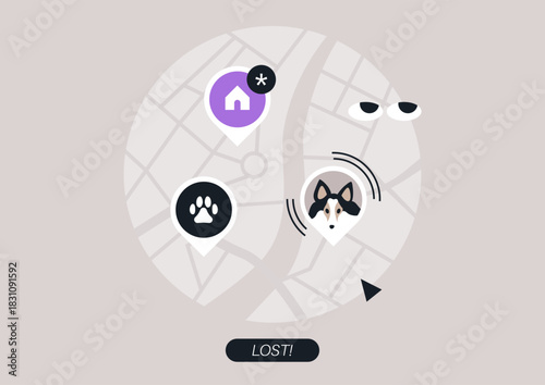 A colorful map highlights various markers indicating lost pets in the area, Each location pin shows alerts and paw prints, making it easy for owners to see where their pets might be