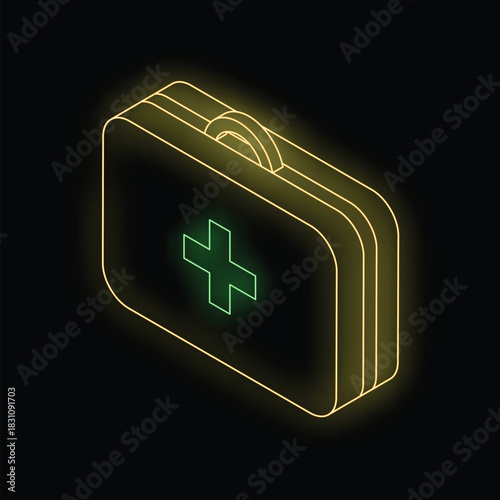 Neon green and yellow first aid kit glowing on a dark background, representing healthcare and emergency medical services
