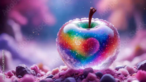 
Luxurious crystal apple with a heart on an abstract background.