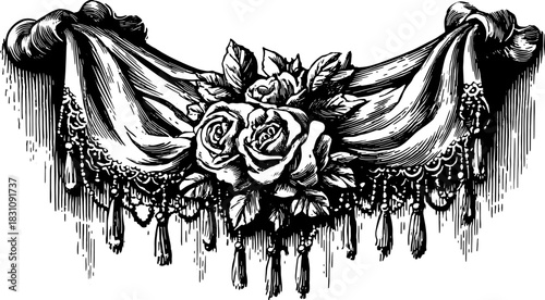 Antique engraving of roses with ornate detail. This vintage illustration features a decorative drape in a classic style, vector set.