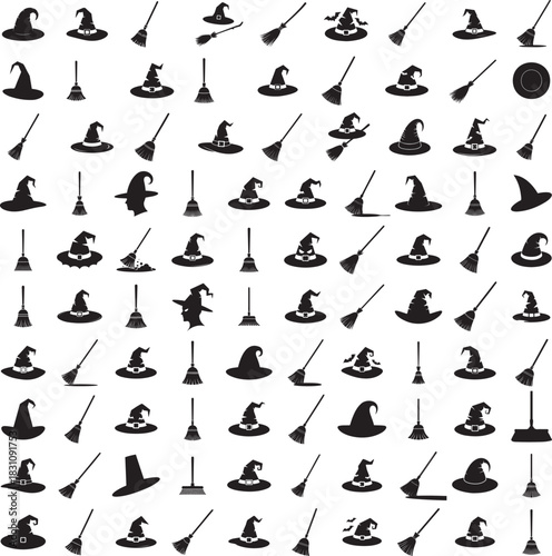 Witch hat and broomstick silhouette isolated on white background