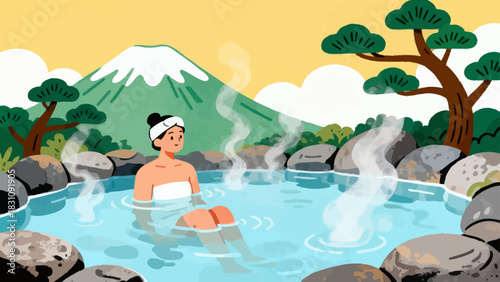 This serene illustration depicts a woman relaxing in a steaming hot spring (onsen), surrounded by rocks and lush greenery, with a calm, content expression on her face.