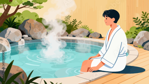 This serene illustration depicts a woman relaxing in a steaming hot spring (onsen), surrounded by rocks and lush greenery, with a calm, content expression on her face.