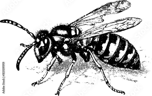 Detailed bee engraving vector illustration. Vintage black outline artwork, perfect for biology or entomology set.