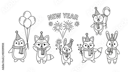 Festive New Year's Critters: A cheerful assembly of anthropomorphic animals welcomes the New Year, their festive party hats, sparklers, balloons, and confetti creating a scene of joyful celebration.