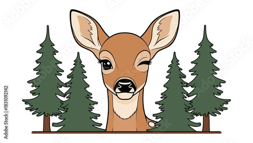 Playful Deer in Forest: A whimsical illustration of a deer winking with several trees, creating a charming scene. 