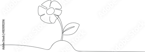 Simple continuous line drawing of a single flower with a leaf growing from the ground