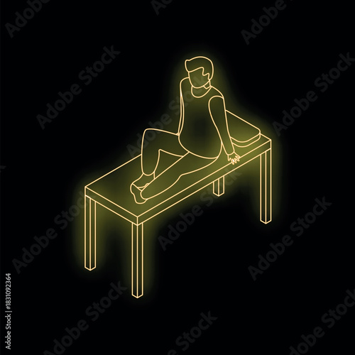Neon yellow isometric icon of a patient relaxing on an examination table, representing healthcare and medical examinations