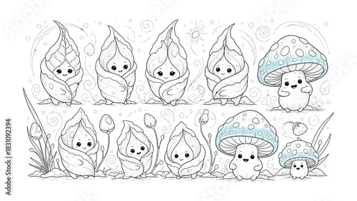 Whimsical Plant Characters: Charming, illustrated plant characters, including sprouts and mushrooms, bring a touch of enchantment and imagination to the scene, perfect for adding a touch of magic.