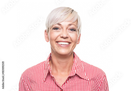 Teeth smiling face of beautiful adult woman. Close-up cheerful middle aged woman with toothy smile expression, isolated on white background.
