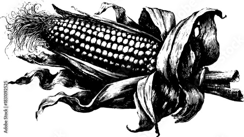 Corn vegetable engraving in vintage style. Hand-drawn outline illustration set showcasing agricultural elements. Vector design.