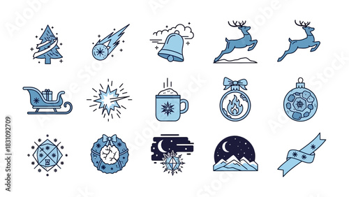 Festive Icon Set: A collection of thematic icons, perfect for conveying holiday cheer and seasonal concepts, featuring a Christmas tree, sleigh, and snowflakes.