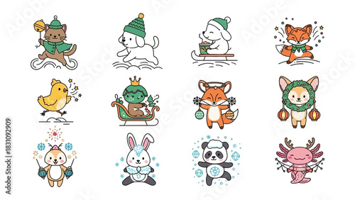 Winter Wonderland of Cute Animals: A heartwarming collection of adorable animals ready for wintertime festivities. Each character, adorned with winter hats and festive decorations.