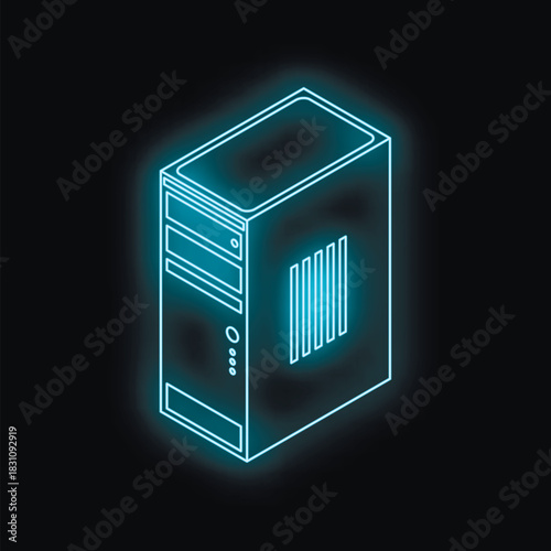 Neon blue computer case glowing on a dark background, symbolizing technological advancement and computing power