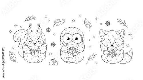 Winter Wildlife Trio: An adorable array of woodland creatures, including a squirrel, owl, and fox, each holding a snowflake and adorned with festive winter elements.