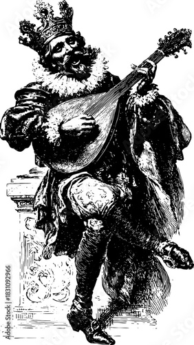 Engraving of a king playing the lute while singing. A vintage black illustration showcasing elegance and detail in attire, perfect for a historical set.