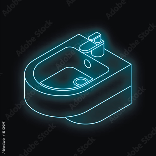 Glowing neon bidet in dark bathroom, isometric projection
