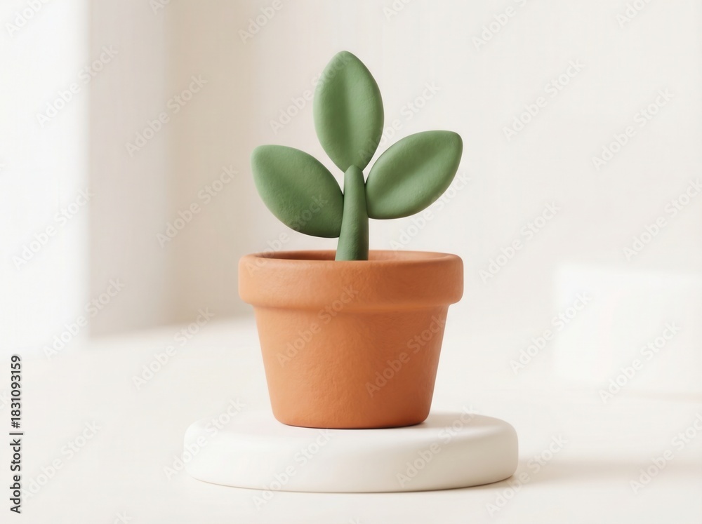 Fototapeta premium Minimalist clay plant in a terracotta pot on a white pedestal, studio shot