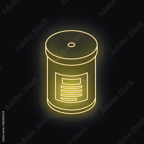 Glowing yellow protein powder container on a black background representing healthy lifestyle, fitness and bodybuilding