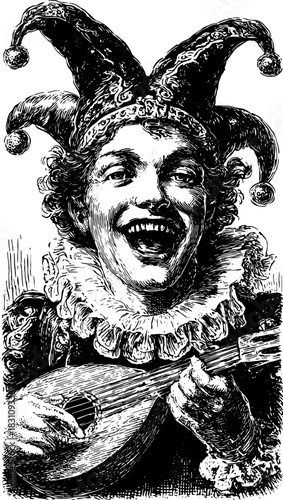 Jester singer with mandolin in vintage engraving style. Black outline illustration presents a traditional theater character in a vector style.
