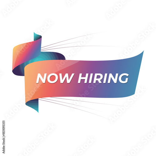 Colorful ribbon banner with text now hiring