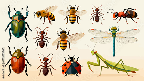 This vibrant illustration displays a diverse collection of colorful insects—including bees, ants, a beetle, dragonfly, mantises, grasshoppers, a fly, and a wasp
