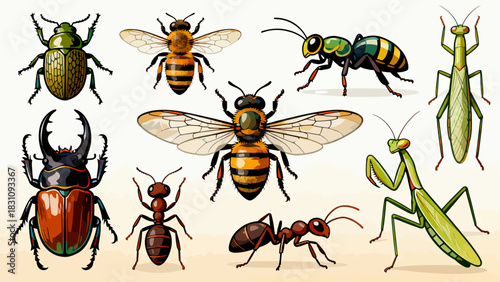 This vibrant illustration displays a diverse collection of colorful insects—including bees, ants, a beetle, dragonfly, mantises, grasshoppers, a fly, and a wasp