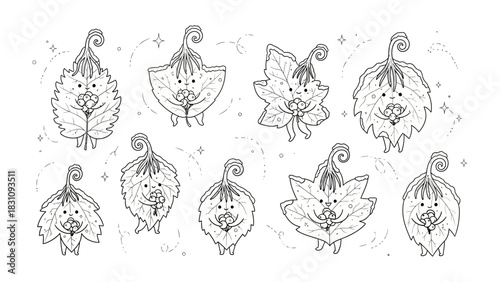 Whimsical Leaf Characters: A charming collection of animated leaf characters with friendly expressions and playful designs. capturing the whimsical, imaginative, and artistic side.