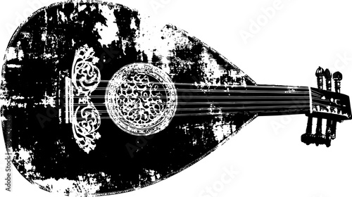 Lute musical instrument in black and white vector illustration. Detailed design showcasing grunge texture and classical aesthetics.