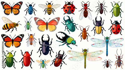 This vibrant illustration displays a diverse collection of colorful insects—including bees, ants, a beetle, dragonfly, mantises, grasshoppers, a fly, and a wasp