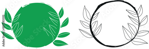  Set of two circular nature icons, one solid green and one black outline, decorated with laurel leaves for ecology or organic concept