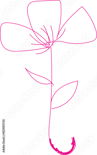  Simple hand drawn single pink flower outline sketch for design element or decoration