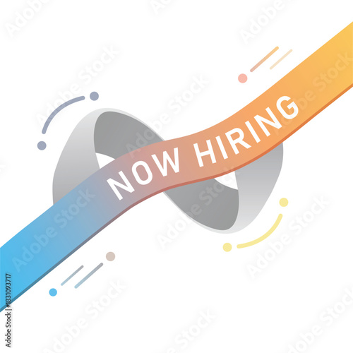 Now hiring banner with gradient ribbon and abstract shape