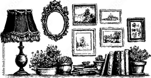 Engraving of a vintage interior scene with a lamp, books, and flower pots. Hand-drawn vector illustration capturing classic decor in a detailed set.