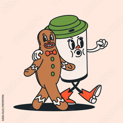Retro groovy cartoon characters, walking coffee cup and a smiling gingerbread...