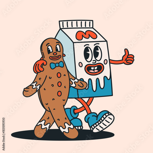 Milk and gingerbread character in groovy retro cartoon style with funny faces. Groovy milk carton and cookie man characters vector illustration. Great for stickers, prints, apparel,holiday graphics
