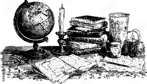 Vintage engraving of a globe, candle, and books on a table. Hand-drawn vector illustration with detailed outline and stipple texture, perfect for decor.