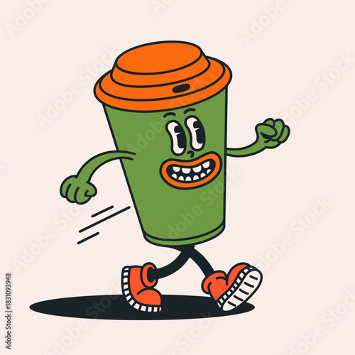 Coffee cup character in retro groovy cartoon style with expressive face. Groovy drink character design with vintage colors and playful motion. Perfect for stickers, apparel graphics and fun branding
