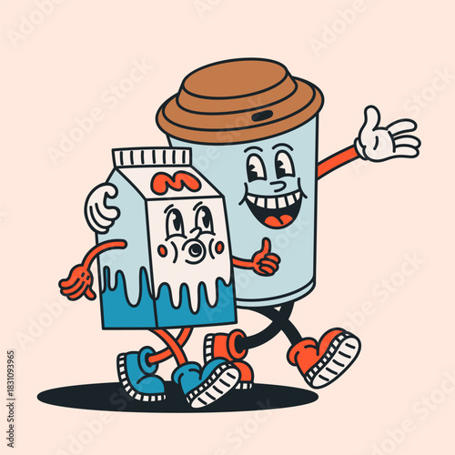 Coffee and milk walking together, cheerful groovy character duo in retro cart...