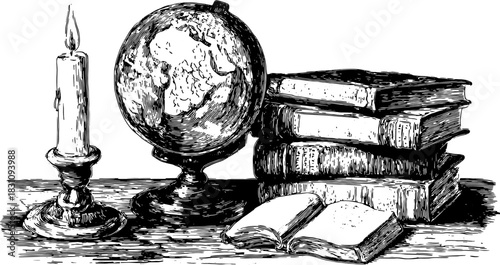 Vintage globe and books set. Engraved illustration with candle lighting for scholarly themes in vector format.