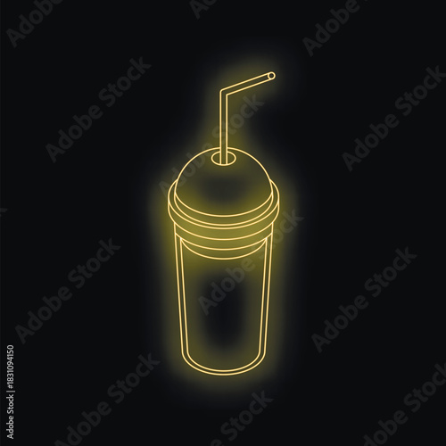 Glowing neon yellow disposable cup with straw is representing fast food and takeaway beverages