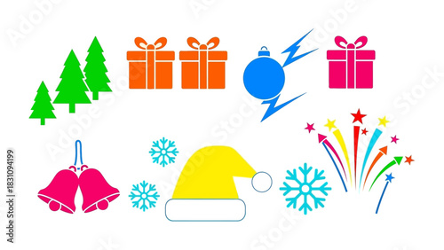 Holiday Elements: Festive icons of a joyful holiday season are arranged, depicting the cheerful spirit of celebrations. Christmas symbols, gifts, ornaments, and fireworks. 