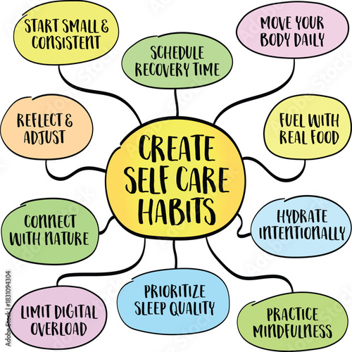 Create self care habits - inspirational health and personal development concept. Infographics mind map.