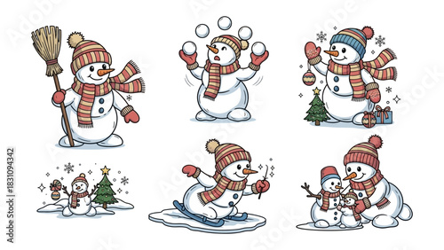 Winter Wonderland Characters: A charming collection of playful snowmen in a wintry scene, engaging in various winter activities, perfect for evoking the joy of the season.